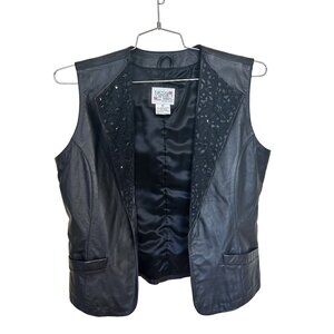 Womens Black Leather Vest Lace By Lacy After Noon Medium Vtg Open Front